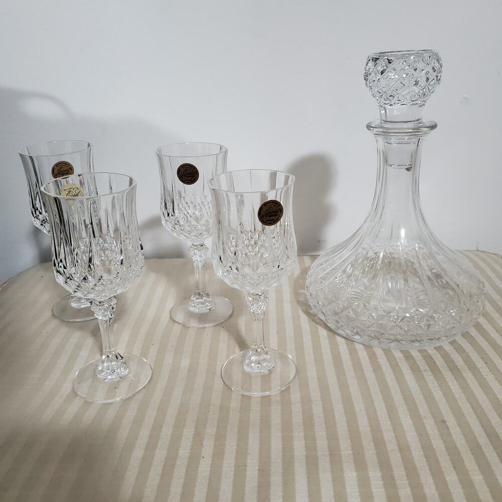 Vintage Cristal d'Arques Longchamp 5 Pieces Decanter w/ 4 Wine Glasses
